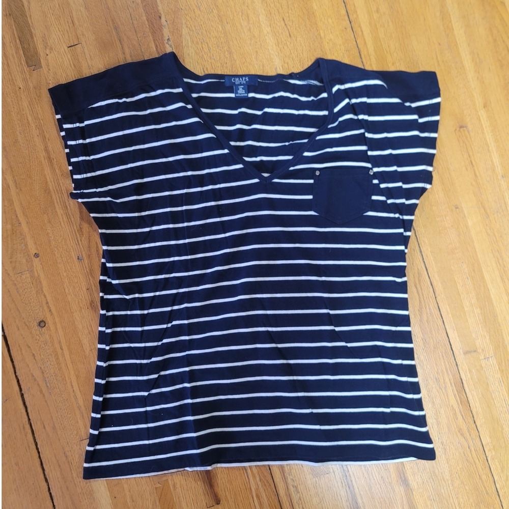 Chaps Women's‎ Striped Navy White Short Sleeve T-Shirt Pocket Top XL